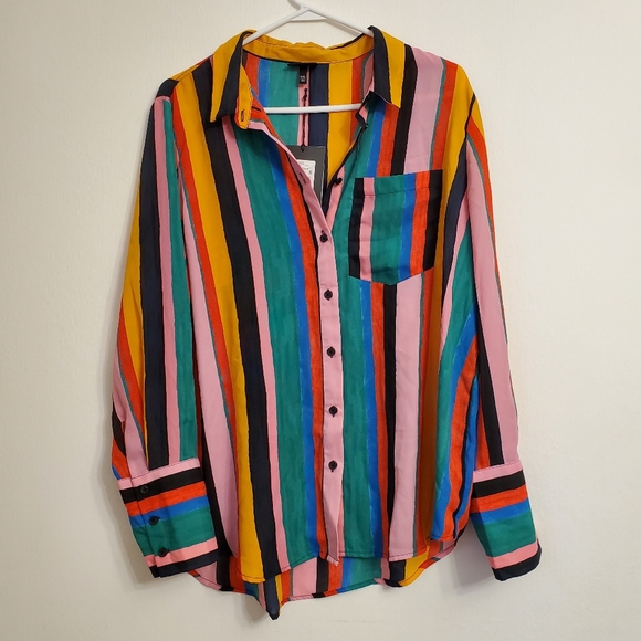 Who What Wear Tops - NWT Who What Wear Womens Multi Color Striped Long Sleeve Blouse Size 2X Rainbow
